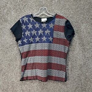 Fashion Bug Womens American Flag Glitter Stud Lettuce Edge Tee Black 330MF2GX